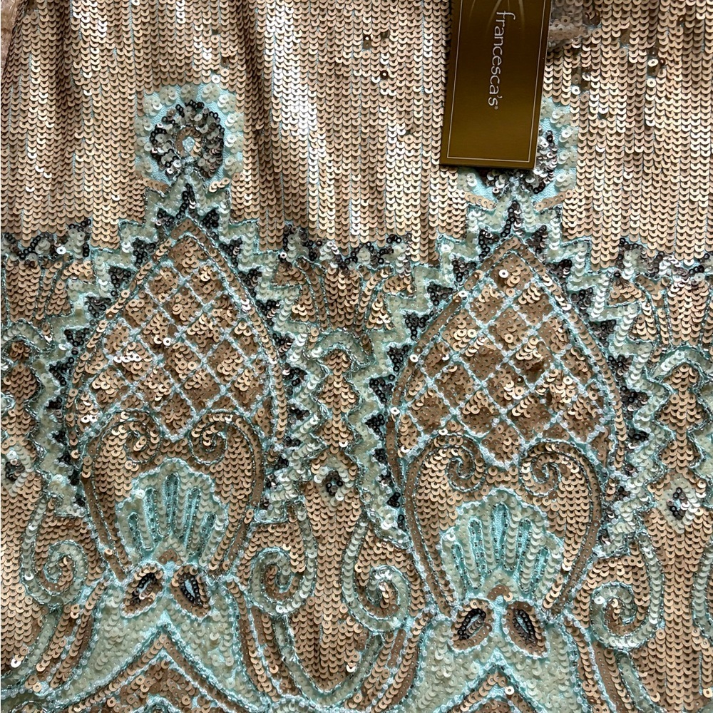 Francesca's Collections Sequin Embroidered Skirt in Gold and Aqua/Mint